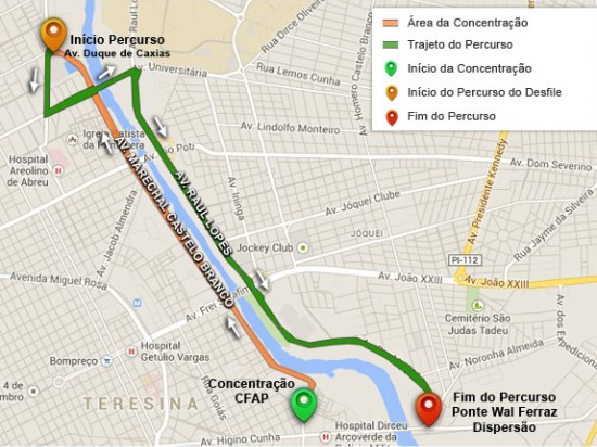 Mapa do Trajeto do Corso de Teresina em 2014(Fonte:G1)